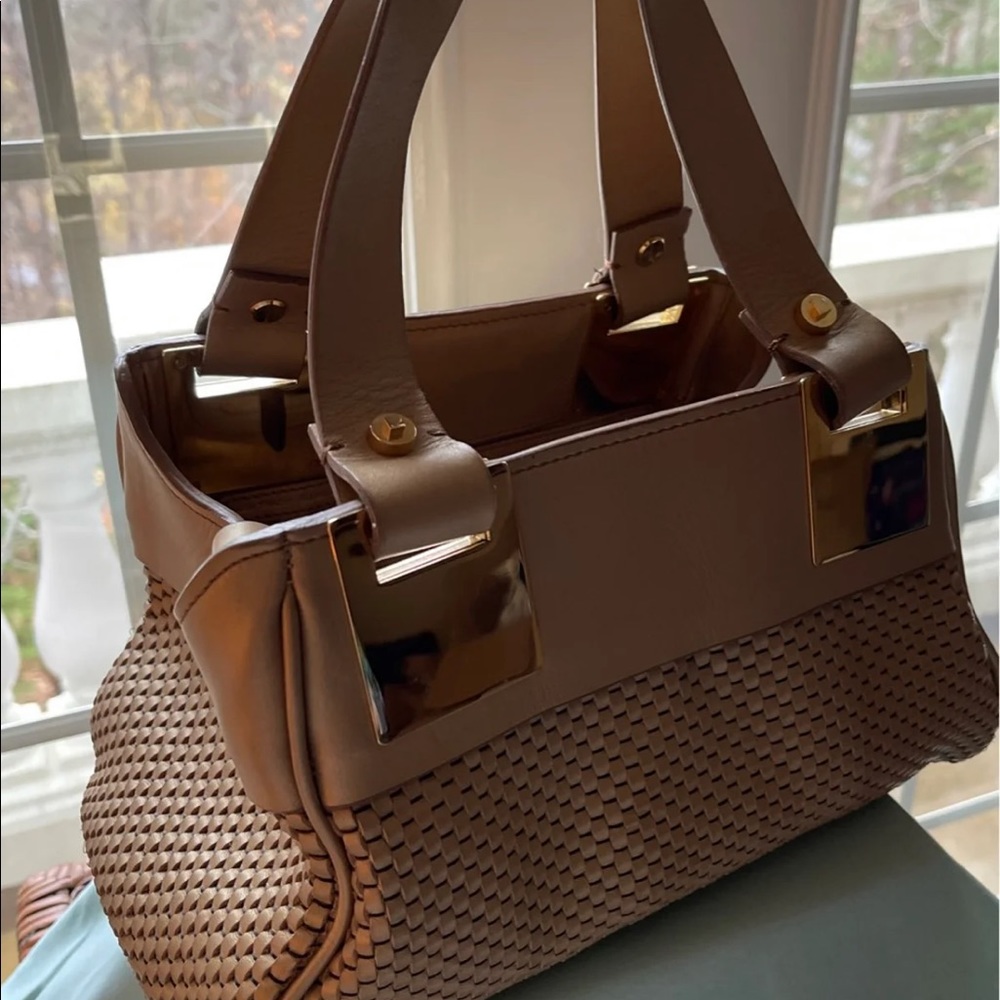 Ellen Tracy Gold woven Leather handbag